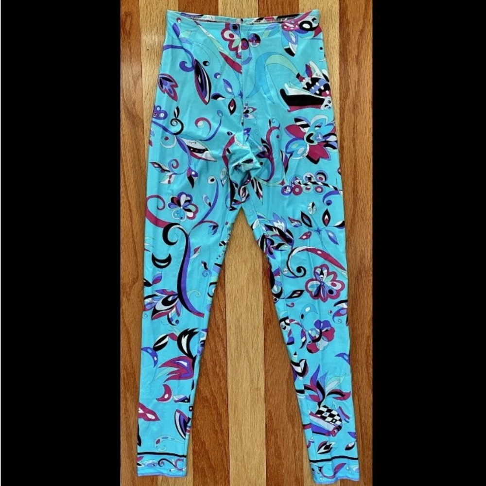 RARE VINTAGE 1980s EMILIO PUCCI LYCRA LEGGINGS FOOTLESS TIGHT BLUE LARGE L VHTF